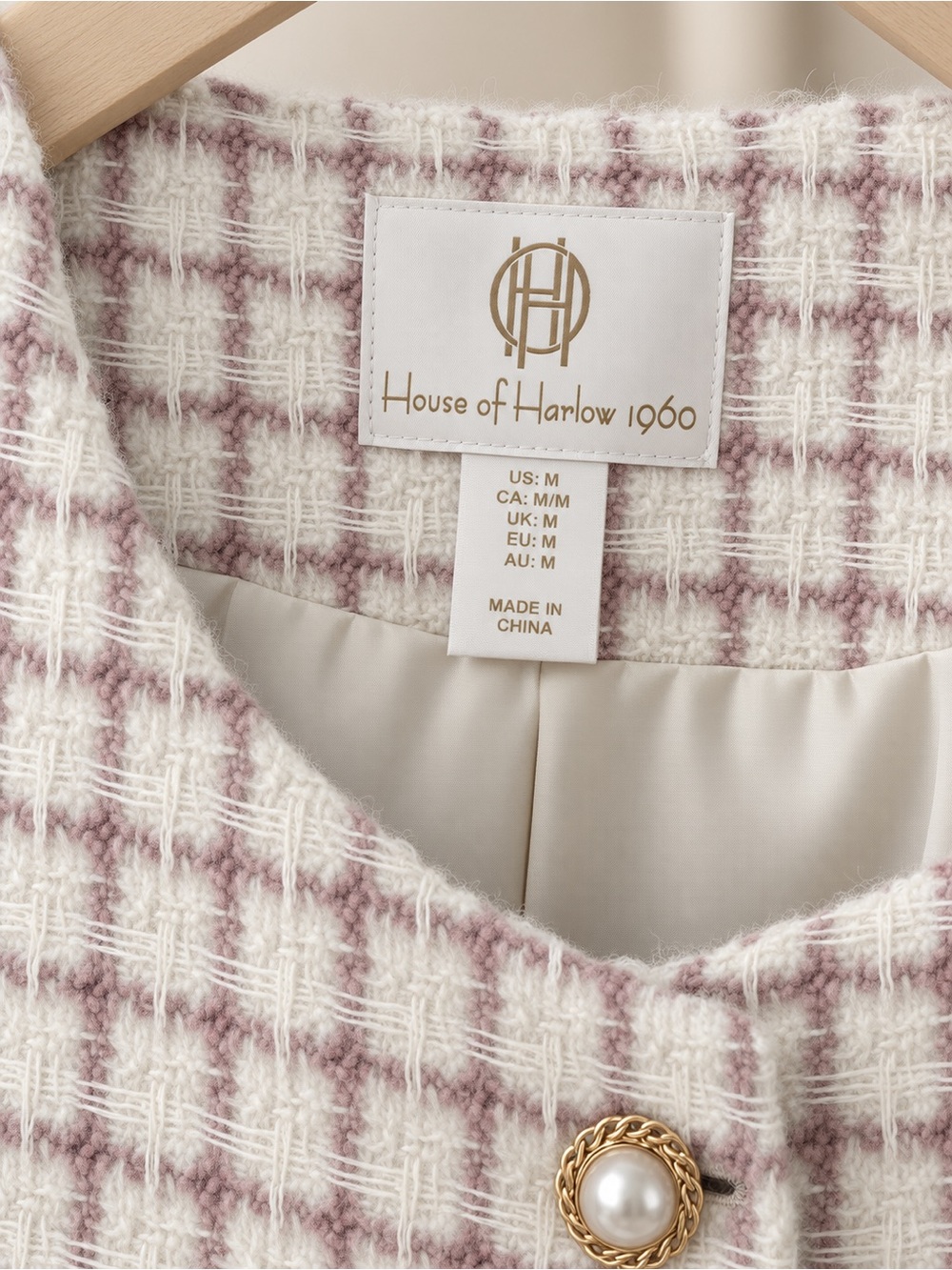 House of Harlow 1960 Tweed Cropped Jacket – Cream Pink Plaid ✨ - Picture 4 of 5
